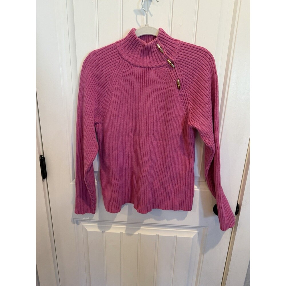 Lauren Ralph Lauren Women XL Pink Ribbed Cotton Mock Neck Sweater Toggle Detail